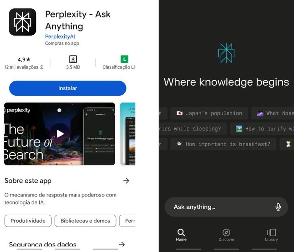 Aplicativo Perplexity — Foto: Reprodução/Millena Borges