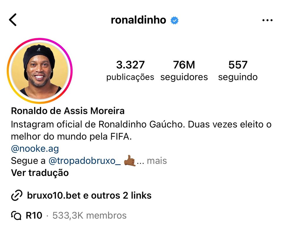 Ronaldinho é o segundo mais seguido no Brasil, com 76 milhões de fãs — Foto: Reprodução/Instagram