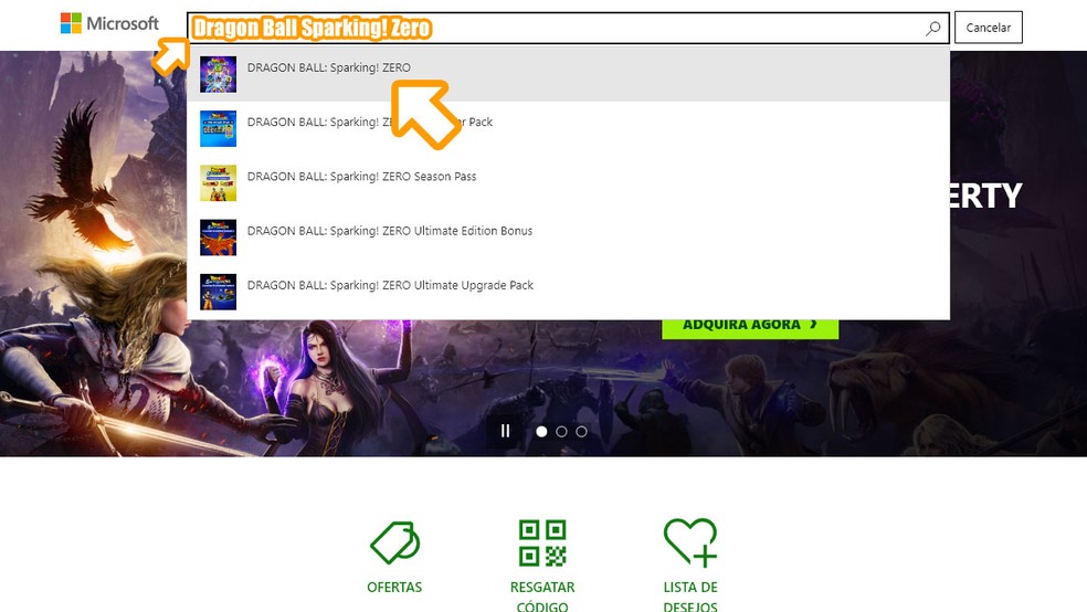 Acesse a Microsoft Store, utilize a busca para procurar por "Dragon Ball Sparking! Zero" e clique no jogo entre os resultados — Foto: Reprodução/Rafael Monteiro