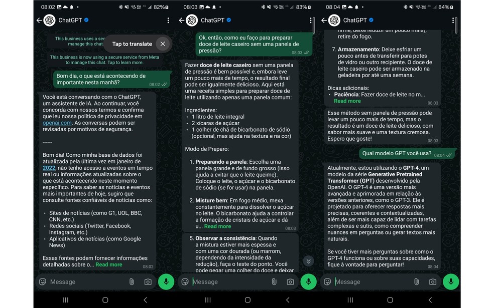 ChatGPT pode ser usado no WhatsApp para consultar informações como receitas  — Foto: Reprodução/Daniel Trefilio