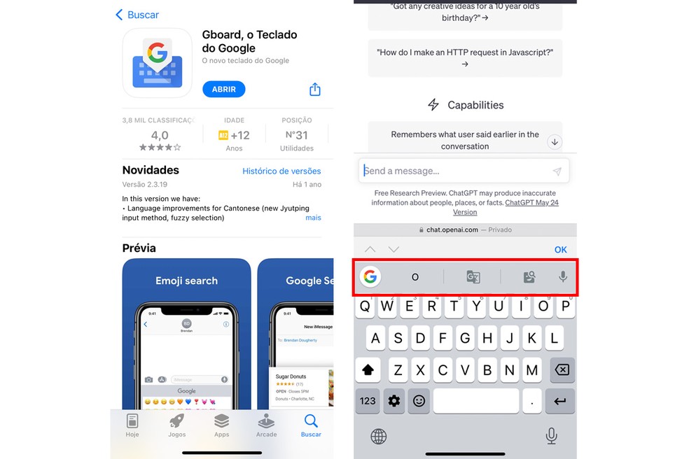 Usando o Gboard no iPhone — Foto: Reprodução/Gabrielle Garcia