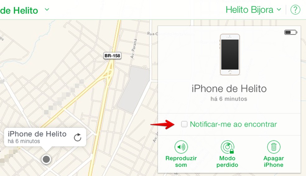 Ativando alerta sobre a localização do iPhone perdido — Foto: Reprodução/Helito Bijora