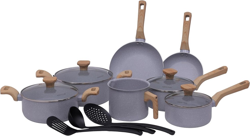 Jogo de Panelas 10 Peças Indução Antiaderente Preto com Utensilios Cook Mimo Style — Foto: Divulgação/Mimo Style