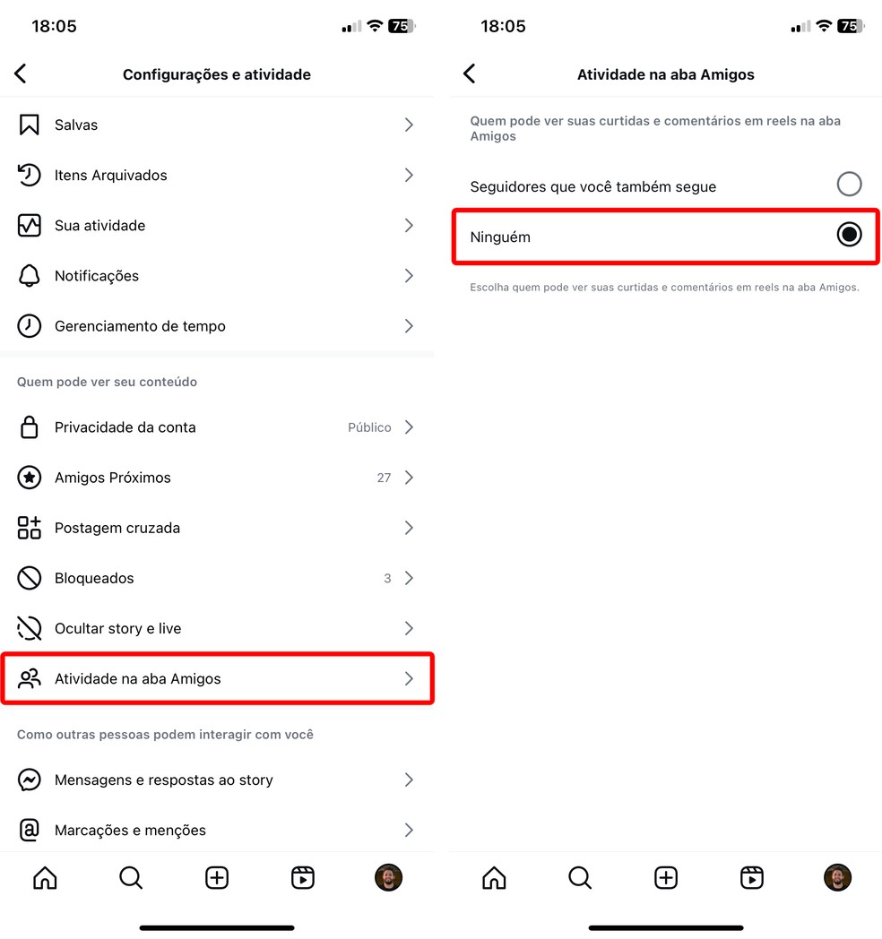 Veja como desativar as curtidas exibidas na seção "Amigos" do Instagram — Foto: Reprodução/Rodrigo Fernandes
