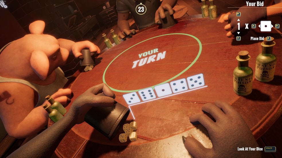 Você precisa adivinhar a quantidade de dados em Liar's Dice — Foto: Reprodução/Steam