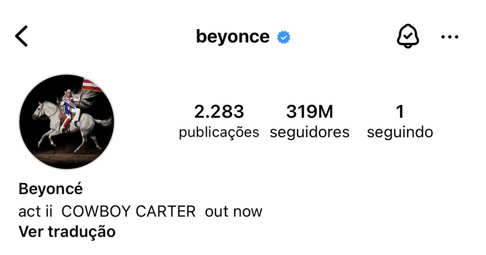 Beyoncé tem mais de 319 milhões de fãs no Instagram — Foto: Reprodução/Instagram