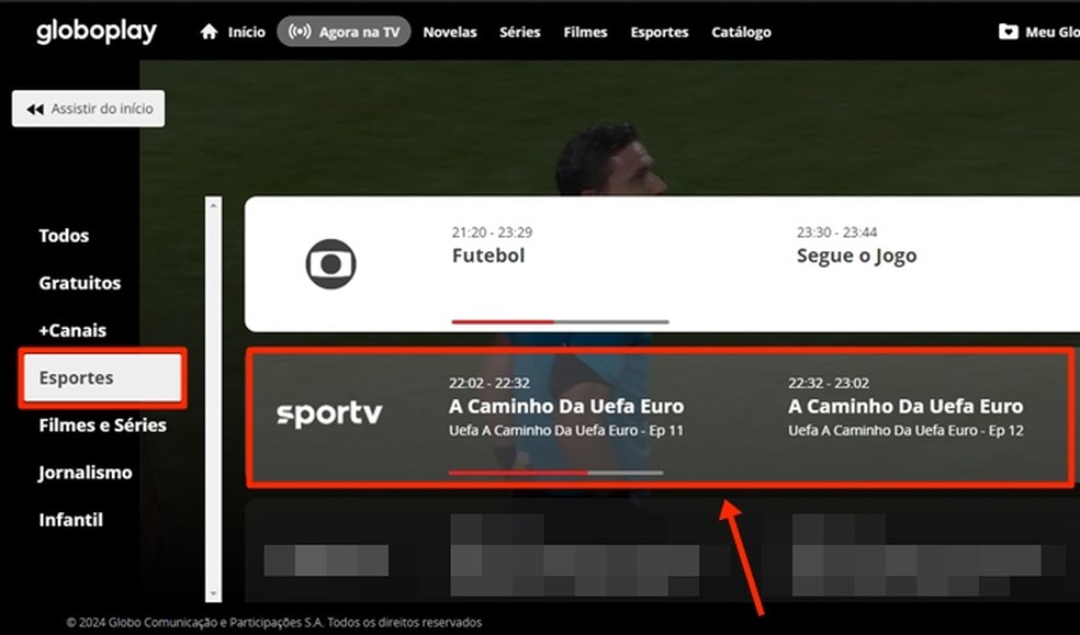 Público entra na página de esportes, do Globoplay, e opta pelo canal SporTV para acompanhar Espanha x Itália hoje — Foto: Reprodução/Gabriela Andrade