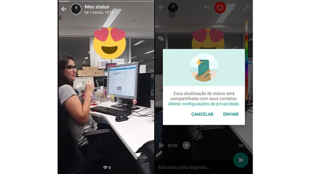 WhatsApp ganha status com fotos e vídeos; funcionalidade lembra o Snapchat Stories (Foto: Reprodução/Ana Marques) — Foto: TechTudo