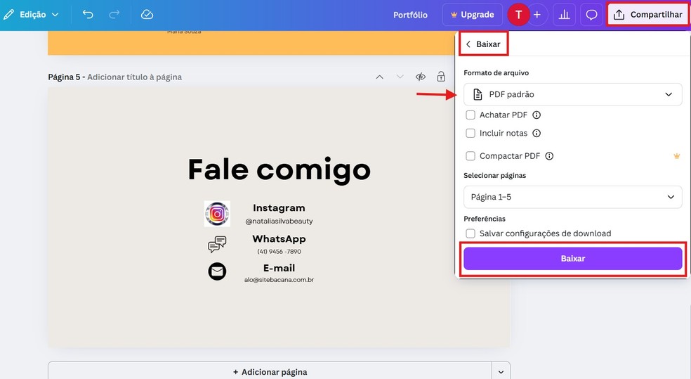 Baixe o portfólio online e envie aos clientes — Foto: Reprodução/Thaisi Carvalho